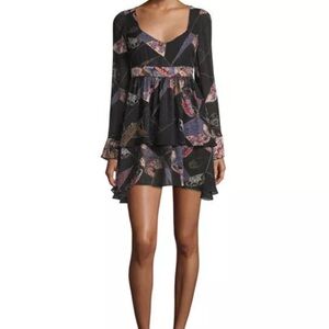 NWT $445 Elizabeth and James Lilou Blk Printed Silk Handkerchief Hem Dress 2XS